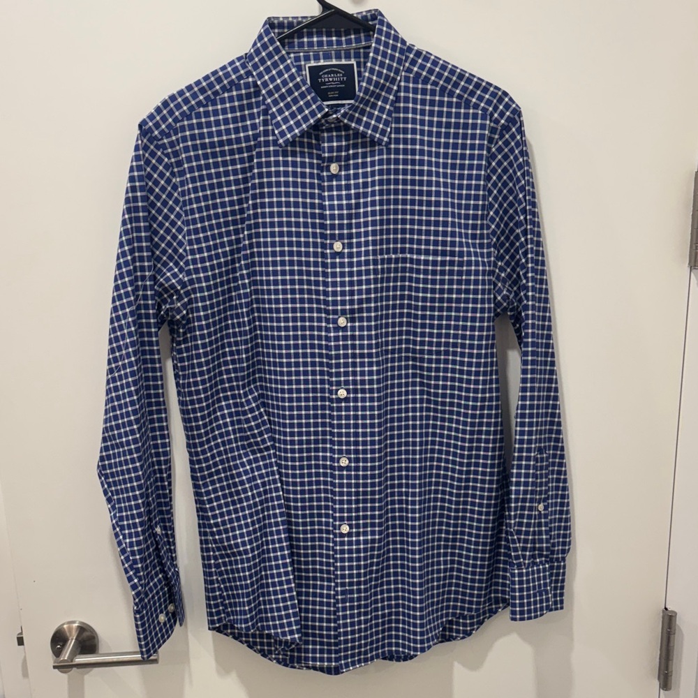 Charles Tyrwhitt Navy and White Windowpane Dress Shirt - Size Medium - Slim Fit